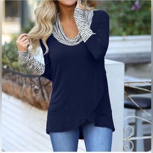 EUC Top: Cowl Neck, T-Shirt-Soft, Diagonal Cross Fit, Striped Sleeves